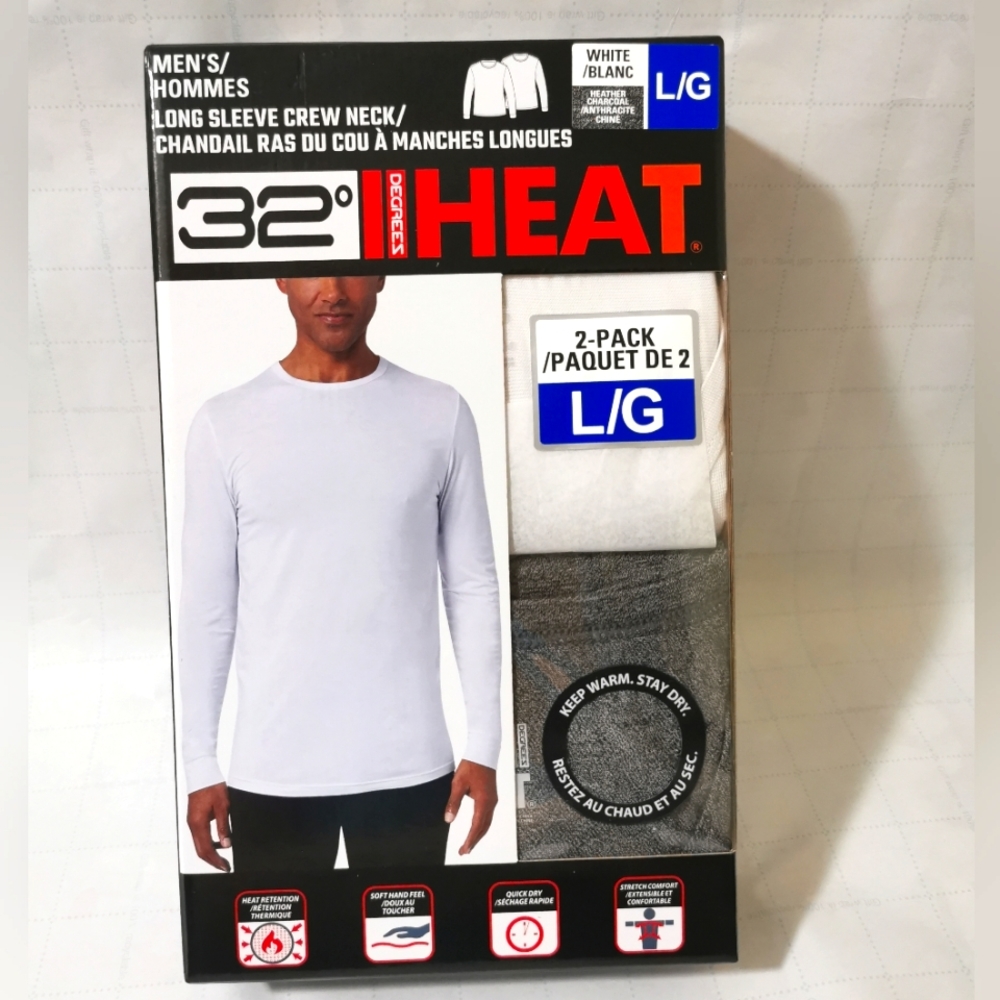 2 pack~32 DEGREES Heat Men's Long Sleeve Crew Neck Tee size L